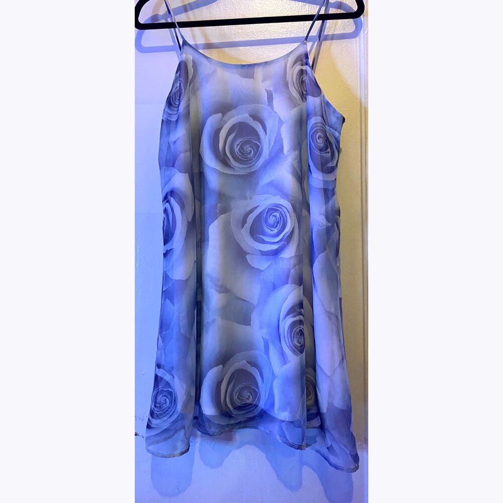 Vintage 90s Joule Periwinkle Blue Rose Print Chiffon Coquette Slip Dress Size M